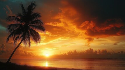 silhouetted palm tree on a tranquil tropical beach at golden sunset with dramatic orange clouds and calm reflective sea evoking peaceful warmth