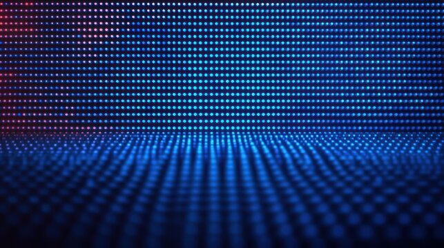 Close-up glowing blue LED dot grid with subtle pink accents, reflective floor and repeating bokeh pattern creating a futuristic, mesmerizing, cool atmosphere
