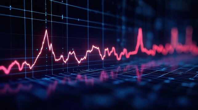 glowing neon pink waveform tracing peaks and valleys across a dark blue grid with vertical markers and reflections, conveying dynamic high-tech intensity - Powered by Adobe