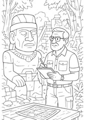 Coloring book Archaeologist dad stands near a large ancient statue taking notes among jungle ruins