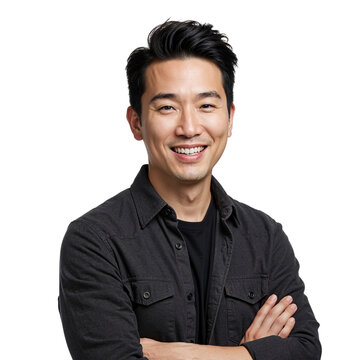 Smiling asian man with arms crossed confident business professional portrait studio shot isolated on transparent background