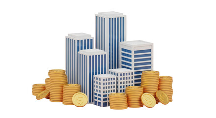 Real estate investment concept with 3d buildings and stacks of golden dollar coins
