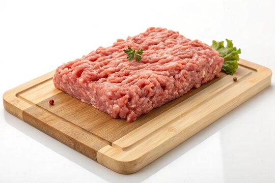 A block of raw ground pork sits on a wooden cutting board, garnished with a sprig of thyme and a lettuce leaf.