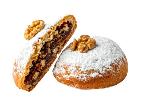 Egyptian Kahk covered with powdered sugar and stuffed and filled with walnuts isolated on transparent png