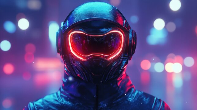 futuristic lone figure in glossy helmet and reflective jacket with glowing red visor standing in neon rain-soaked city bokeh, mysterious intense mood