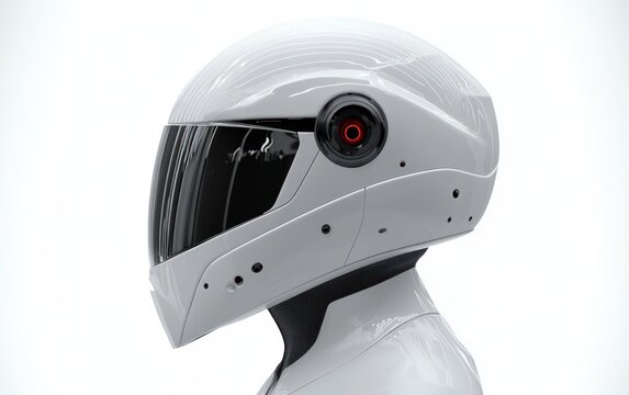 Glossy white futuristic helmet with dark visor and red circular sensor on a sleek robotic neck, minimalist stoic high-tech profile