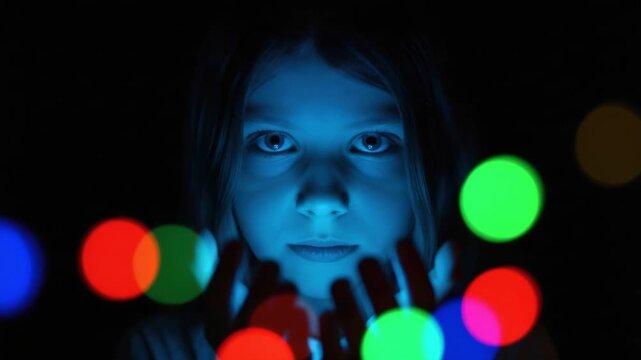 Cinematic portrait of a young caucasian girl with wide eyes illuminated by a mysterious blue light. Child reaching for colorful bokeh lights for a concept of wonder and discovery