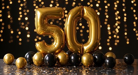 Golden number 50 balloons and black and gold balls on a sparkly background
