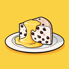 A cartoon illustration of a slice of white cake with dark specks, topped with a rich yellow sauce, served on a white plate against a vibrant yellow background.