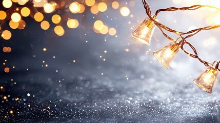 A string of clear bell-shaped lights illuminates a dark background with warm bokeh and sparkling glitter.