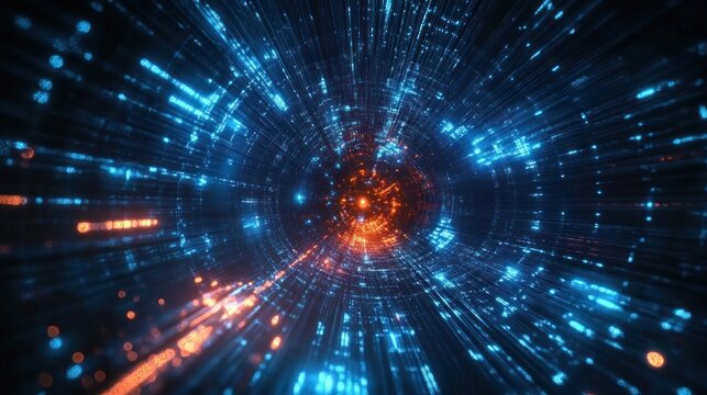Glowing blue and orange digital tunnel with radial streaks, sparkling data points and a bright central core conveying futuristic speed and exhilaration
