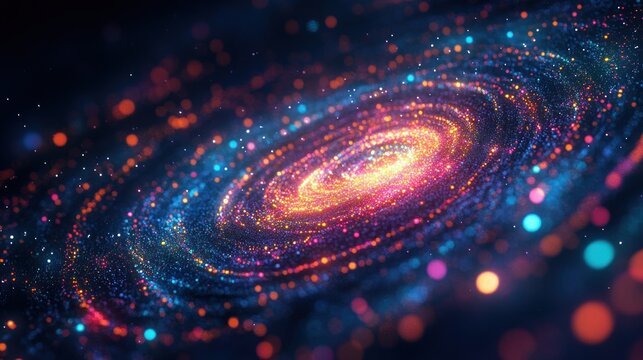 sparkling spiral galaxy of glowing multicolor particles and bokeh lights with a luminous bright core, a mesmerizing cosmic swirl evoking awe and wonder