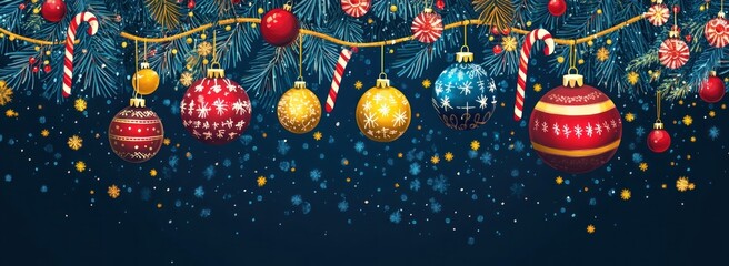 Festive sparkling holiday garland with pine branches, colorful baubles, candy canes and falling snowflakes on deep blue background, cheerful and warm