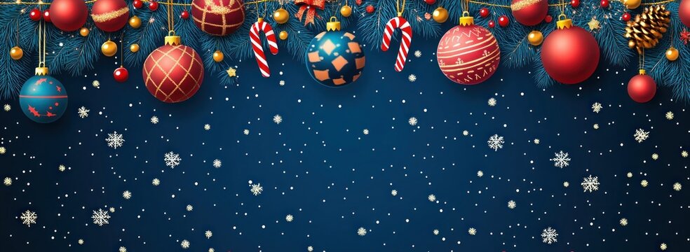 Cheerful festive pine garland with red and blue baubles, candy canes, gold beads and pine cones hanging above falling snowflakes on a deep blue winter background