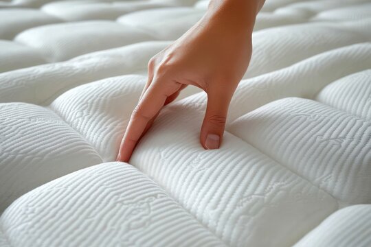 close-up of a hand pressing a soft white quilted mattress surface conveying comfort and relaxation - Powered by Adobe