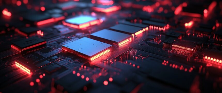 glowing microchips and circuit traces on a dark circuit board bathed in red and blue neon light, sleek futuristic high-tech mood