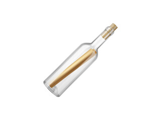 A clear glass bottle with a golden rod or capsule inside isolated on a Transparent PNG background representing a message or secret