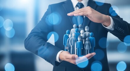 Business professional cradling a group of people, symbolizing protection, human resources, and community care