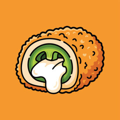 A cartoon illustration of a cross-section of a crispy, breaded jalapeño popper with melted white cheese oozing out, set against a vibrant orange background.
