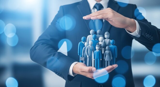 Business professional cradling a group of people, symbolizing protection, human resources, and community care