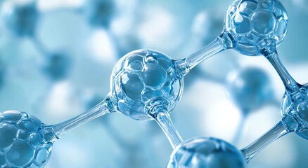 glossy transparent blue molecular model with spherical nodes and connecting rods, sleek futuristic scientific visualization evoking precision and cool clinical atmosphere