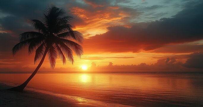 Leaning palm tree silhouette on a quiet sandy beach at a vibrant orange sunset with calm reflective sea and dramatic clouds, evoking peaceful tranquil warmth - Powered by Adobe