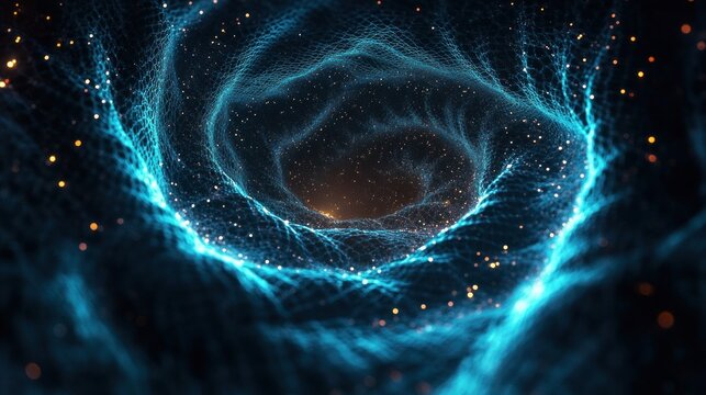 Glowing blue mesh vortex tunnel with swirling network of points and golden sparks, deep futuristic spiral evoking mystery and awe