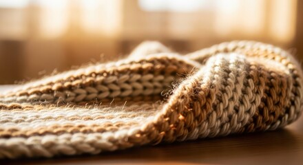 Fototapeta premium Knitted textile featuring alternating bands of brown and cream fibers rests upon a surface bathed in soft sunlight.