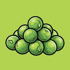 A vibrant illustration of a small pile of fresh green peas stacked neatly against a light green background, showcasing healthy vegetables.