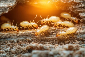 Macro close-up of pale yellow termites crawling on decayed wood in warm glowing light, busy colony activity and communal foraging emotion