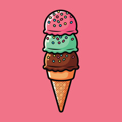 A vibrant cartoon illustration of a triple-scoop ice cream cone with colorful sprinkles on a pink background.