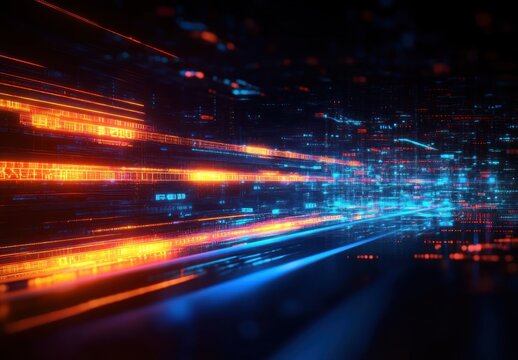 glowing orange and blue data streams racing through a dark futuristic digital grid conveying speed, intensity, and high-energy motion - Powered by Adobe