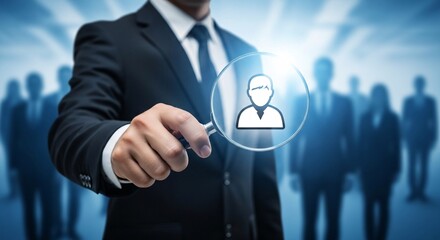 Business hiring and recruitment concept with a magnifying glass focusing on a person icon