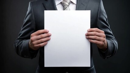 Presentation with Precision: A business professional, impeccably dressed in a tailored suit, holds a pristine white sheet of paper with confident posture, signifying readiness and clarity. - Powered by Adobe