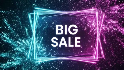 Futuristic blue and magenta glowing neon rounded rectangular frame with sparkling light particles highlighting Big Sale text promotion for spectacular modern shopping event marketing and exciting 
