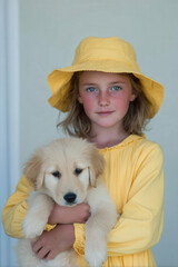cheerful girl in colorful hat lovingly embraces fluffy puppy on warm porch