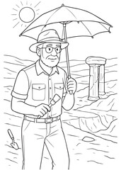 Coloring book archaeologist dad exploring ruins with umbrella