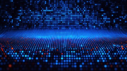 glowing blue dot matrix forming an undulating wave with scattered red highlights on a dark background, futuristic immersive digital landscape