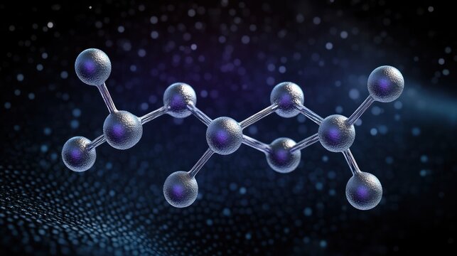 metallic ball-and-stick molecular model floating above a dotted digital surface with blue and purple lighting, futuristic and mysterious