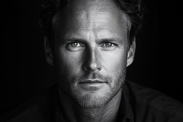 Black and white close-up portrait of a man with curly hair, stubble, collared shirt and low-key dramatic lighting conveying a solemn contemplative mood