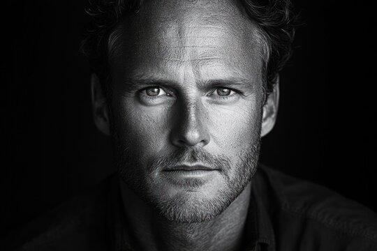 Black and white close-up portrait of a man with curly hair, stubble, collared shirt and low-key dramatic lighting conveying a solemn contemplative mood
