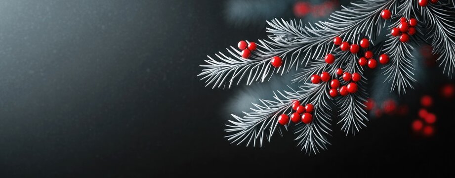 frosted evergreen branches with glossy red berries on a dark background, serene winter atmosphere