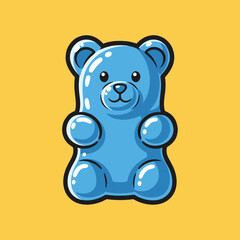 A cute blue gummy bear candy with a glossy finish stands against a vibrant yellow background.