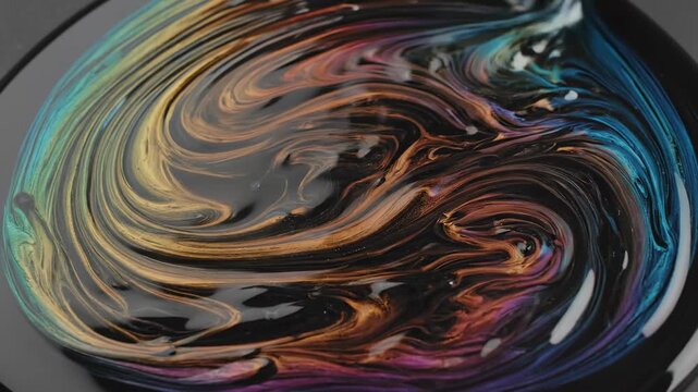 Hypnotic slow motion spreading of thick dark liquid oil surface with stunning iridescent spectrum light reflections experimental, heavy, pattern