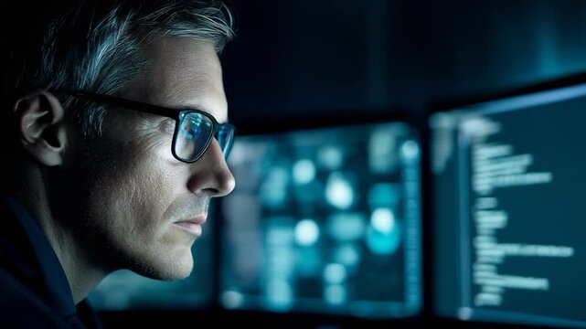 Focused professional analyzing data on multiple screens in a dark office environment