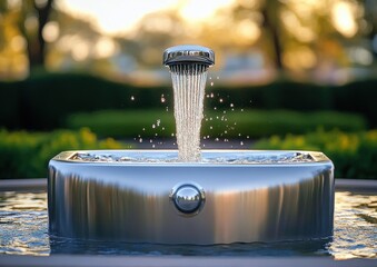 stainless steel drinking fountain spouting clear water and droplets into a reflective basin in a sunlit park, evoking a refreshing, calm atmosphere
