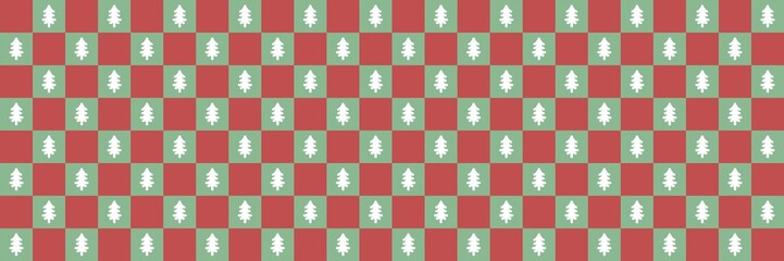 Festive seamless red and green checkered pattern with white Christmas trees. Perfect holiday background for wrapping paper, fabric, or winter decor with traditional seasonal charm.