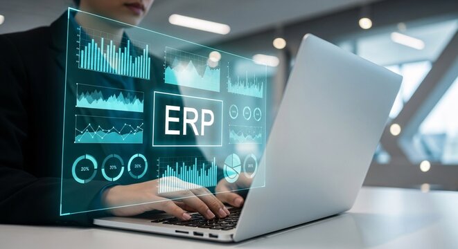 Enterprise Resource Planning ERP system dashboard and business data analytics on a laptop screen