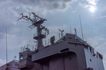 Naklejka premium Communication Mast and Antennas of a Naval Ship in Japan