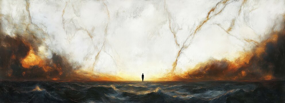 Solitary silhouette on a turbulent sea beneath a towering luminous sky of fiery clouds and lightning-like veins, evoking awe and profound solitude - Powered by Adobe